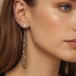 Vintage Gold Rhinestone Drop Earrings 3” Delicate Statement Jewelry